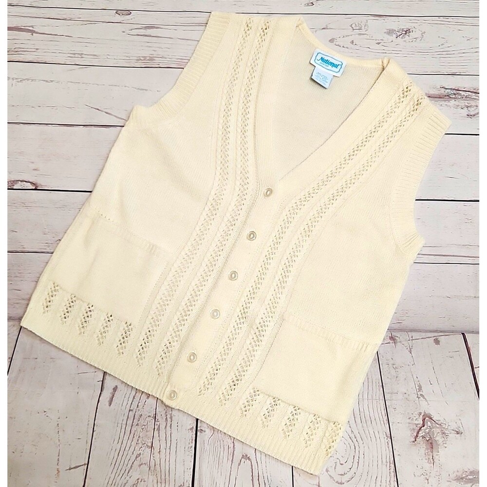 Vintage National Ivory Open-Knit V-Neck Button Front Sweater Vest Women Petite